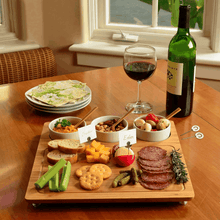 Load image into Gallery viewer, Pamap - Bamboo Cheese Board/Charcuterie Platter w/Bowls &amp; Bamboo Spoons &amp; Cheese Markers - 13" x 13"
