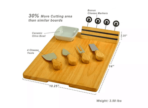 Pamap - Personalized Engraved Hardwood Board for Cheese & Appetizers - Includes 4 Cheese Knives, Cheese Markers & Ceramic Dish